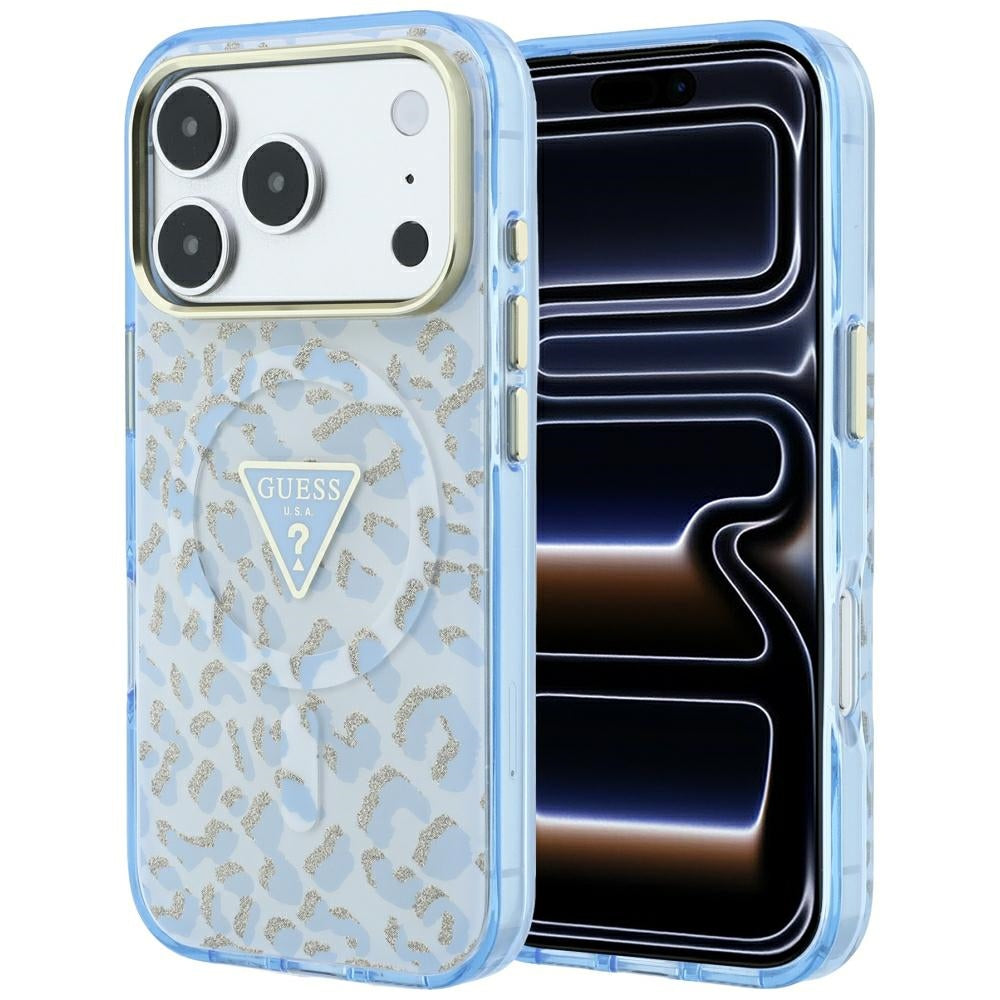 MagSafe-kuori Apple iPhone 18 Pro / 17 Pro:lle, Guess, Leopard Glitter Triangle Logo, Bleu