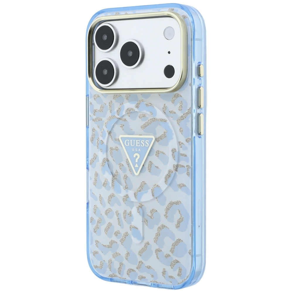 MagSafe-kuori Apple iPhone 18 Pro / 17 Pro:lle, Guess, Leopard Glitter Triangle Logo, Bleu