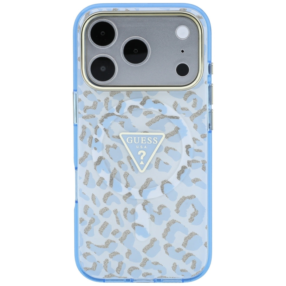MagSafe-kuori Apple iPhone 18 Pro / 17 Pro:lle, Guess, Leopard Glitter Triangle Logo, Bleu