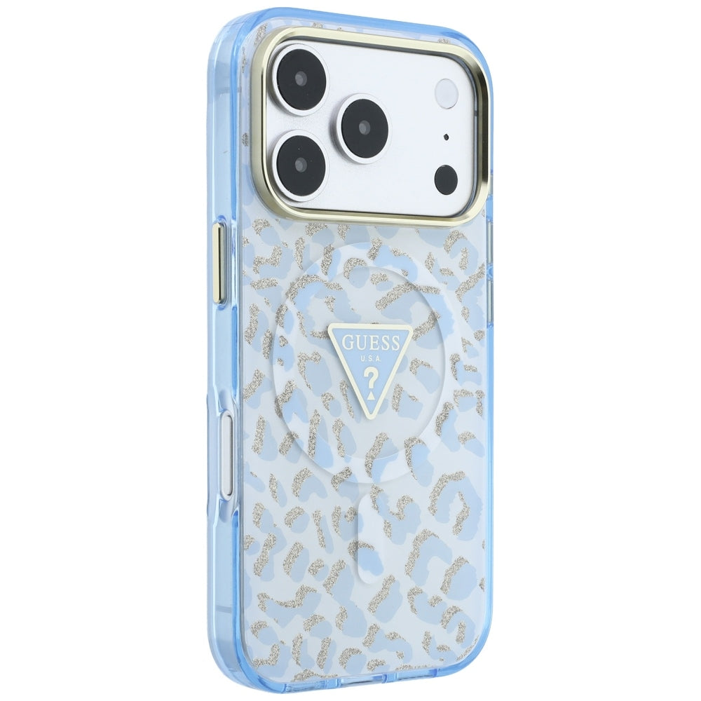 MagSafe-kuori Apple iPhone 18 Pro / 17 Pro:lle, Guess, Leopard Glitter Triangle Logo, Bleu