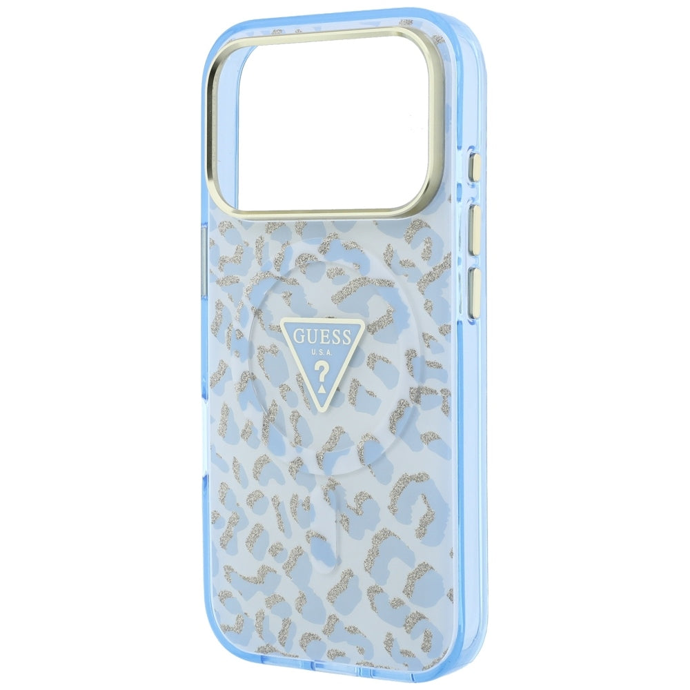 MagSafe-kuori Apple iPhone 18 Pro / 17 Pro:lle, Guess, Leopard Glitter Triangle Logo, Bleu