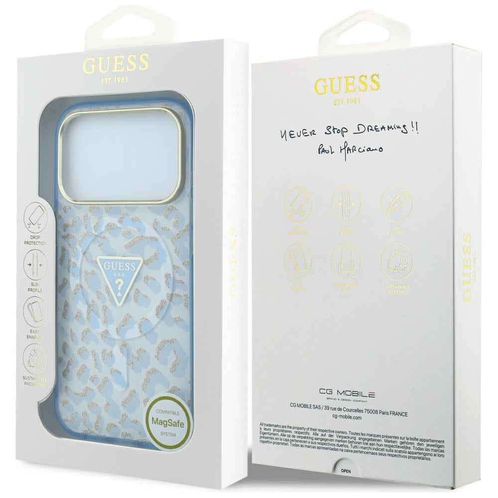 MagSafe-kuori Apple iPhone 18 Pro / 17 Pro:lle, Guess, Leopard Glitter Triangle Logo, Bleu