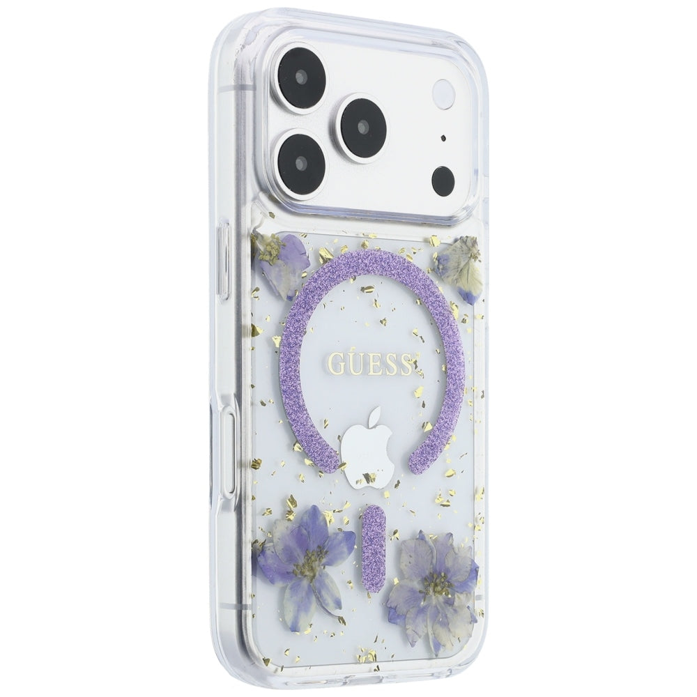 MagSafe-kuori Apple iPhone 18 Pro / 17 Pro:lle, Guess, hartsikukat ja kimallus, violetti