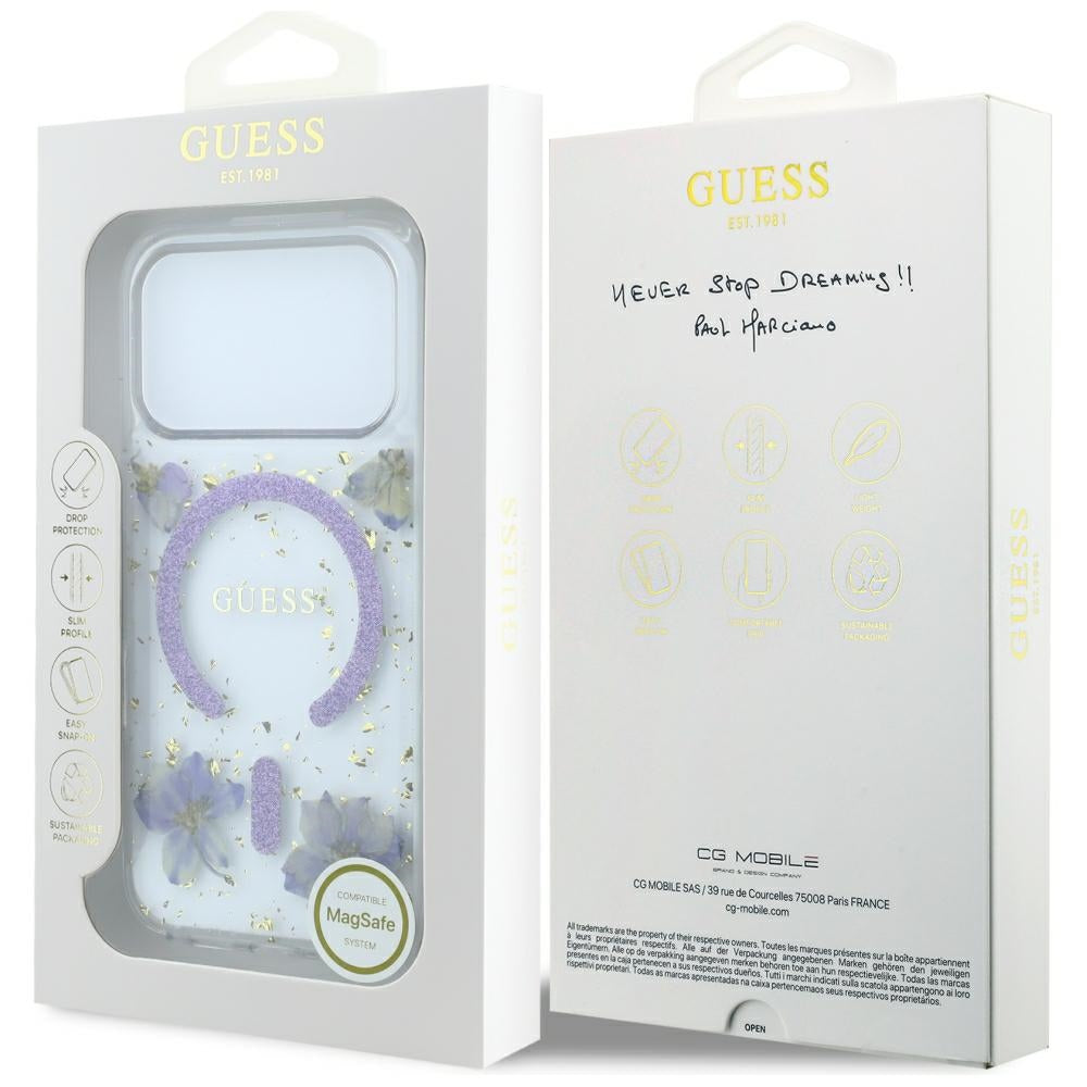 MagSafe-kuori Apple iPhone 18 Pro / 17 Pro:lle, Guess, hartsikukat ja kimallus, violetti