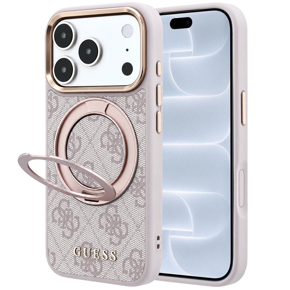 MagSafe-kuori Apple iPhone 18 Pro / 17 Pro:lle, Guess, Ring Stand 360 4G Classic Logo, Vaaleanpunainen