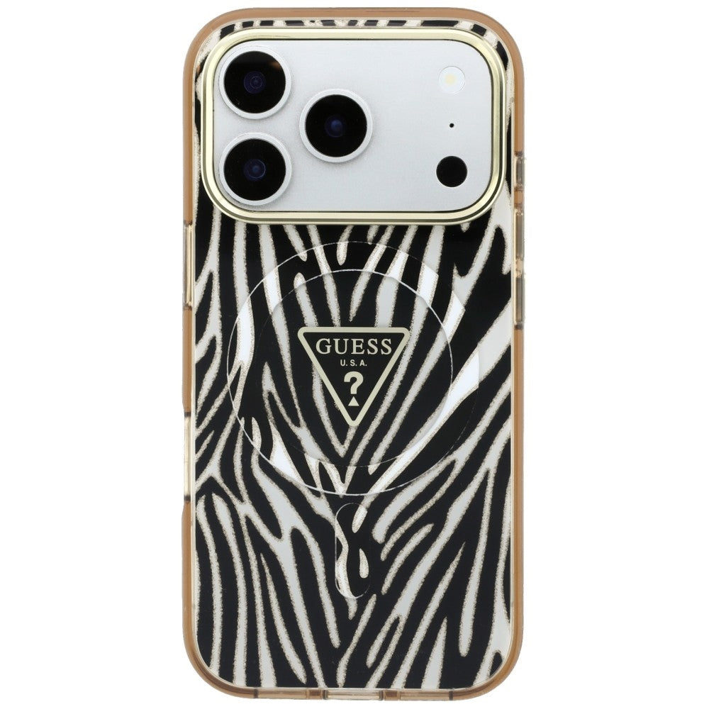 MagSafe-kuori Apple iPhone 18 Pro / 17 Pro:lle, Guess, Zebra Glitter Triangle Logo, Kultainen