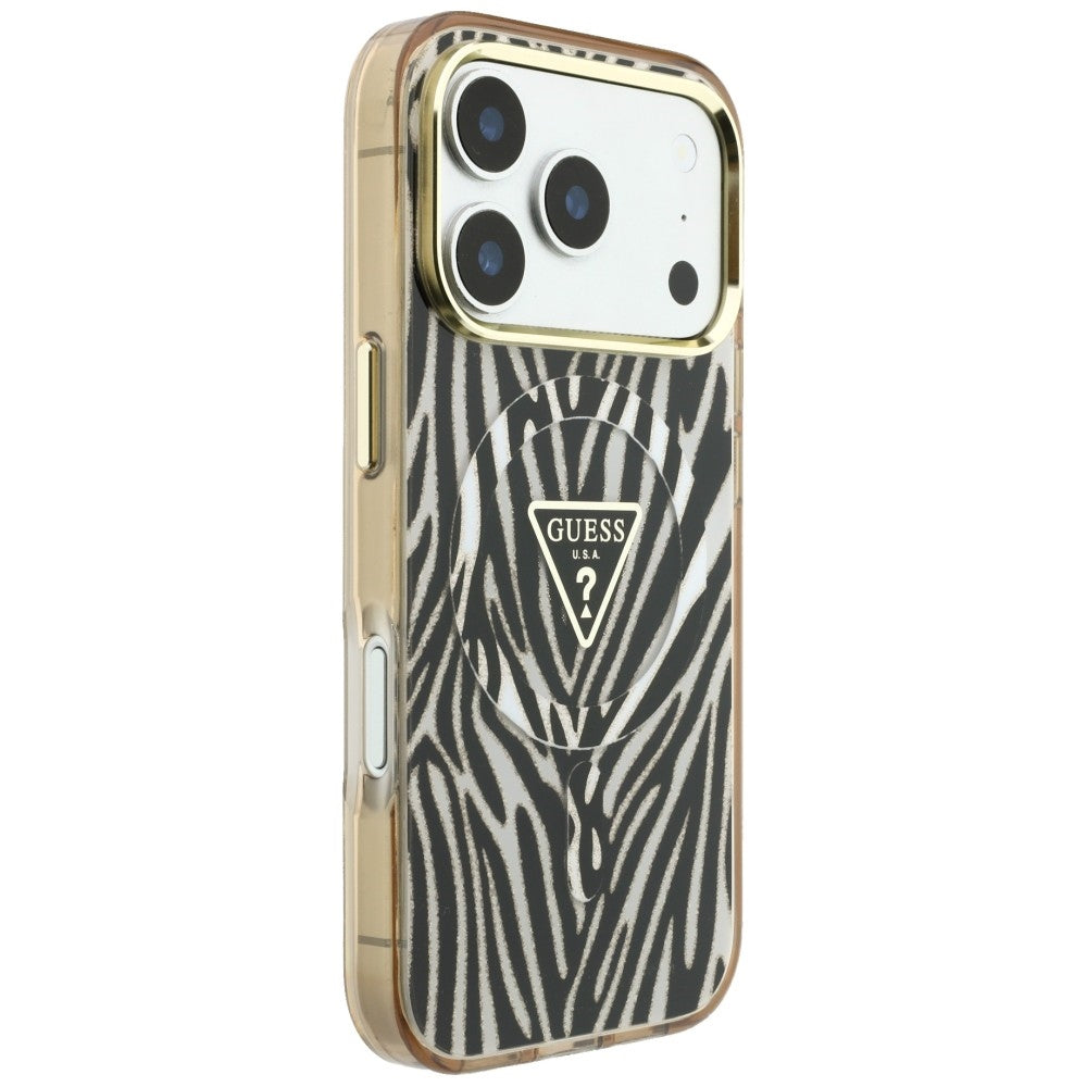 MagSafe-kuori Apple iPhone 18 Pro / 17 Pro:lle, Guess, Zebra Glitter Triangle Logo, Kultainen