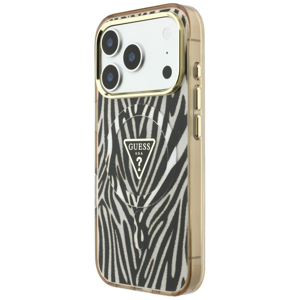 MagSafe-kuori Apple iPhone 18 Pro / 17 Pro:lle, Guess, Zebra Glitter Triangle Logo, Kultainen