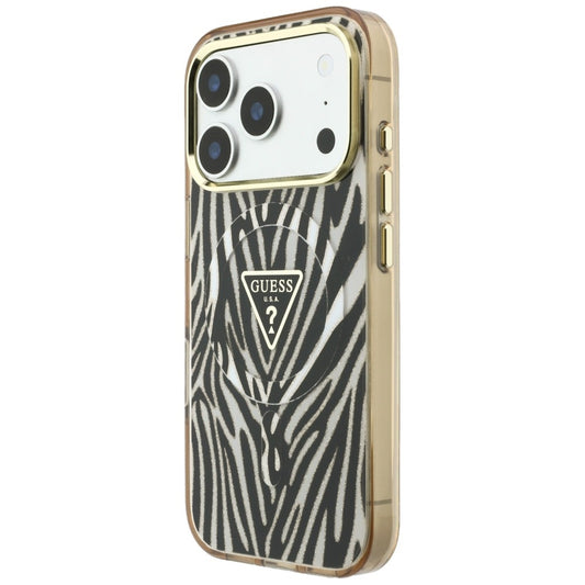 MagSafe Case for Apple iPhone 18 Pro / 17 Pro, Guess, Zebra Glitter Triangle Logo, Gold