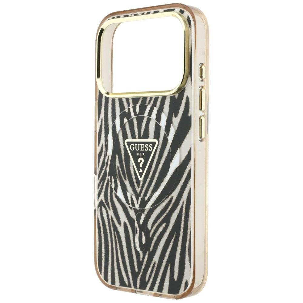 MagSafe-kuori Apple iPhone 18 Pro / 17 Pro:lle, Guess, Zebra Glitter Triangle Logo, Kultainen