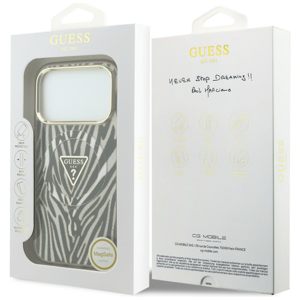 MagSafe-kuori Apple iPhone 18 Pro / 17 Pro:lle, Guess, Zebra Glitter Triangle Logo, Kultainen