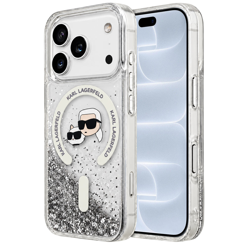 MagSafe-kuori Apple iPhone 18 Pro / 17 Pro:lle, Karl Lagerfeld, Liquid Glitter Karl & Choupette Head's, Läpinäkyvä