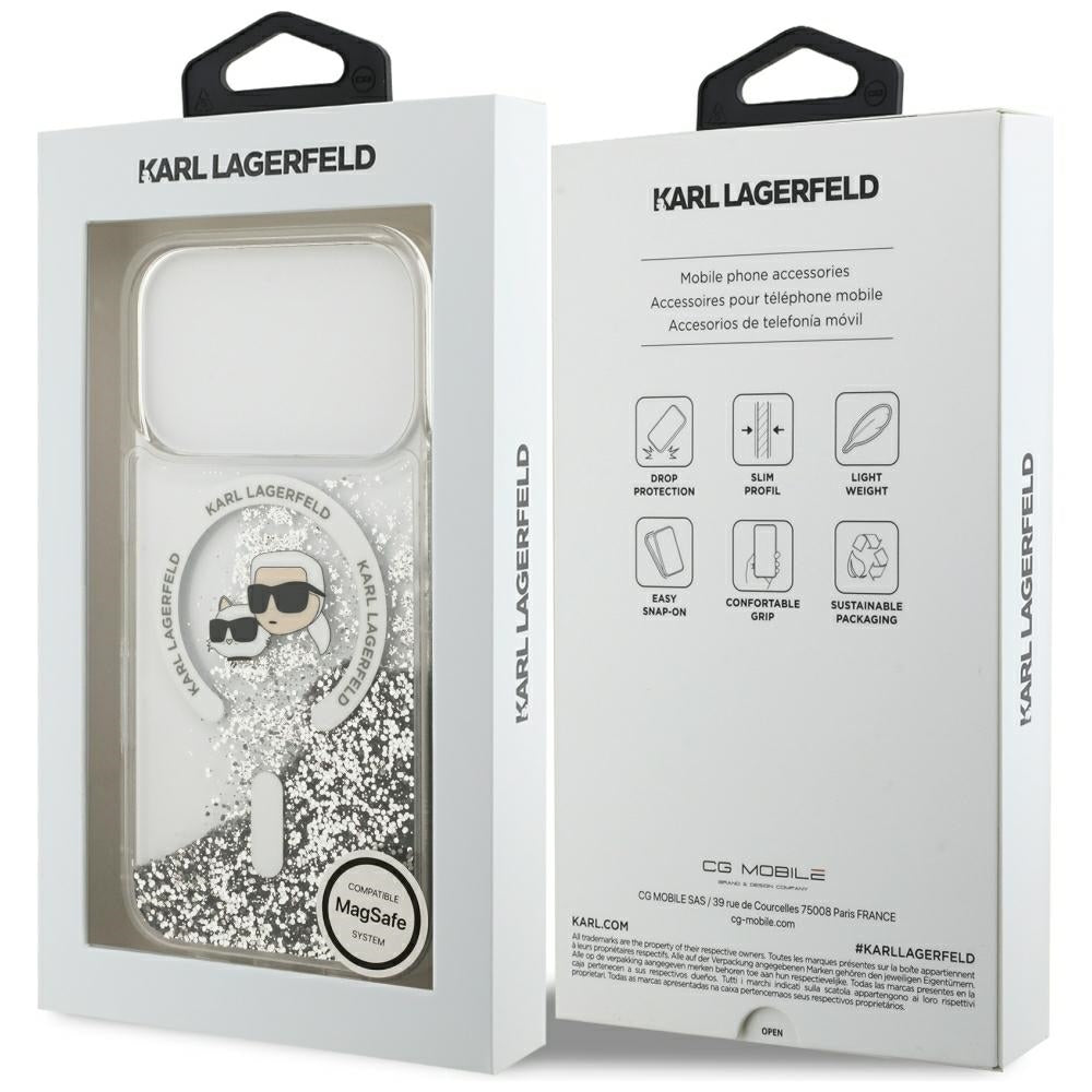 MagSafe-kuori Apple iPhone 18 Pro / 17 Pro:lle, Karl Lagerfeld, Liquid Glitter Karl & Choupette Head's, Läpinäkyvä