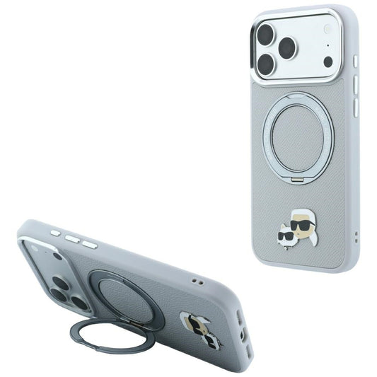 MagSafe-kuori Apple iPhone 18 Pro / 17 Pro -puhelimelle, Karl Lagerfeld, Ring Stand 360 Karl & Choupette Pin, harmaa