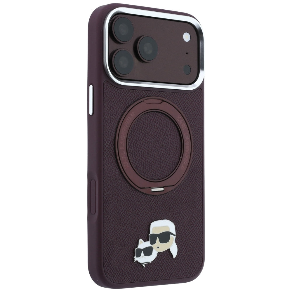 MagSafe-kuori Apple iPhone 18 Pro / 17 Pro:lle, Karl Lagerfeld, Ring Stand 360 Karl & Choupette -pinssi, Viininpunainen