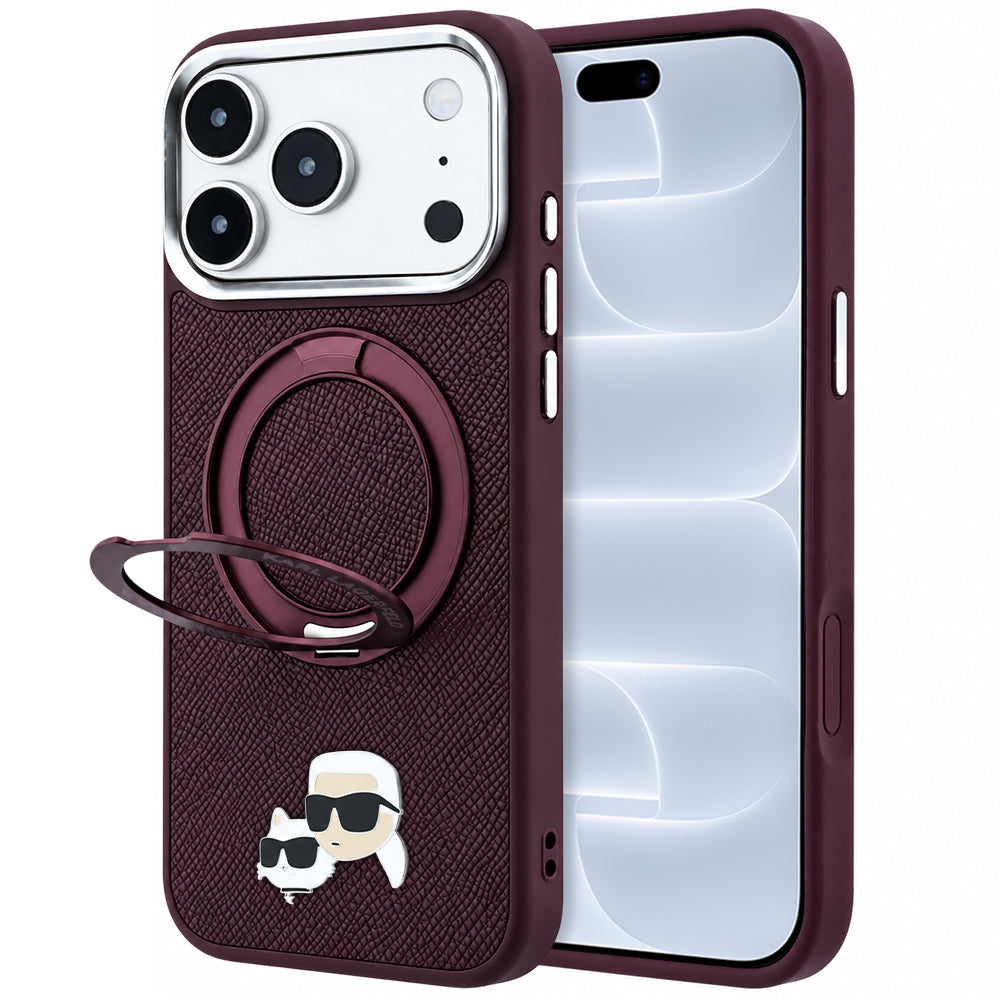 MagSafe-kuori Apple iPhone 18 Pro / 17 Pro:lle, Karl Lagerfeld, Ring Stand 360 Karl & Choupette -pinssi, Viininpunainen