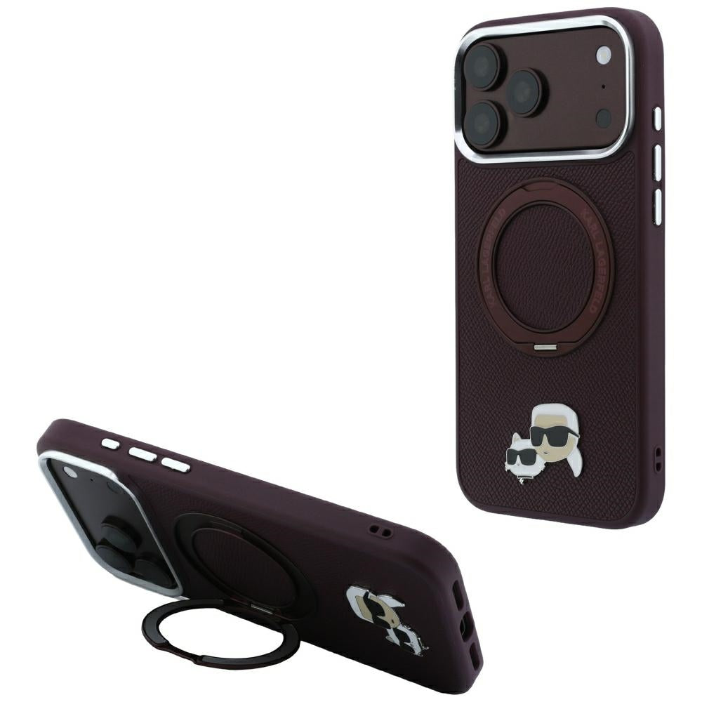 MagSafe-kuori Apple iPhone 18 Pro / 17 Pro:lle, Karl Lagerfeld, Ring Stand 360 Karl & Choupette -pinssi, Viininpunainen