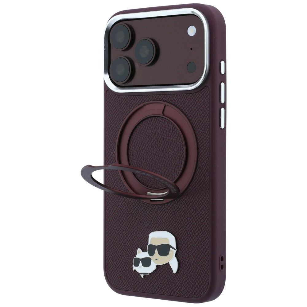 MagSafe-kuori Apple iPhone 18 Pro / 17 Pro:lle, Karl Lagerfeld, Ring Stand 360 Karl & Choupette -pinssi, Viininpunainen