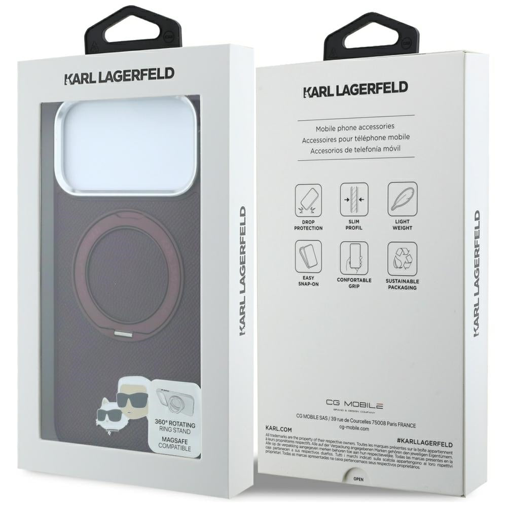 MagSafe-kuori Apple iPhone 18 Pro / 17 Pro:lle, Karl Lagerfeld, Ring Stand 360 Karl & Choupette -pinssi, Viininpunainen