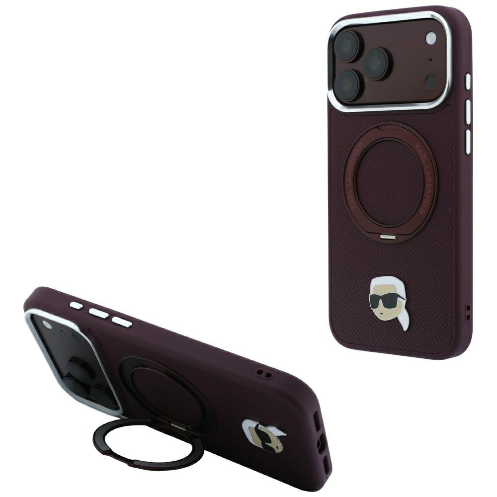 MagSafe-kuori Apple iPhone 18 Pro / 17 Pro:lle, Karl Lagerfeld, Ring Stand 360 Karl Pin, Viininpunainen
