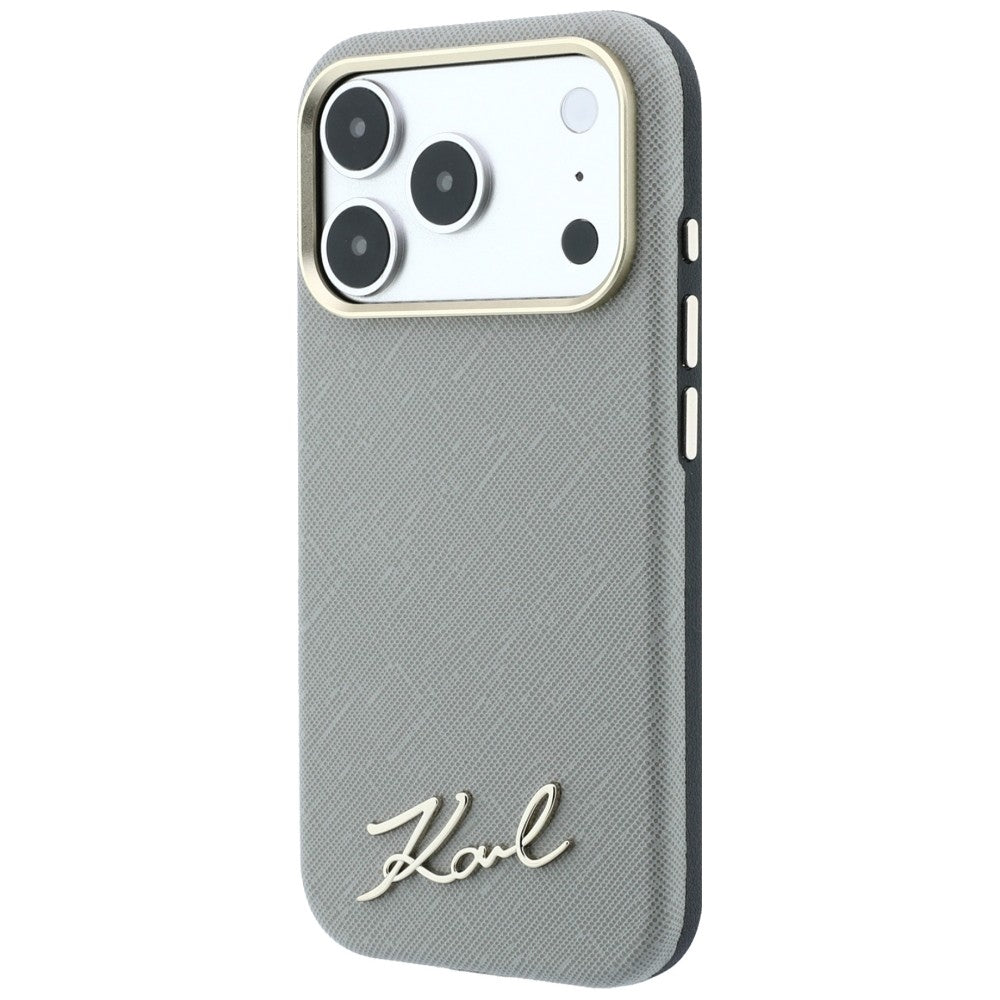 MagSafe-kuori Apple iPhone 18 Pro / 17 Pro:lle, Karl Lagerfeld, Saffiano Small Script Metal Logo, Harmaa Beige
