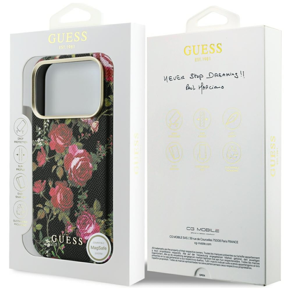 MagSafe-kuori Apple iPhone 18 Pro Max / 17 Pro Max -puhelimelle, Guess, Blossom Roses Print, musta