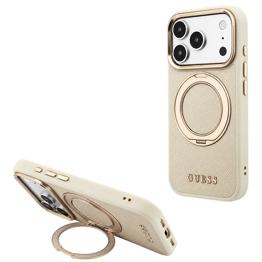 MagSafe-kuori Apple iPhone 18 Pro Max / 17 Pro Max, Guess, Grained Ring Stand 360 Classic, Beige