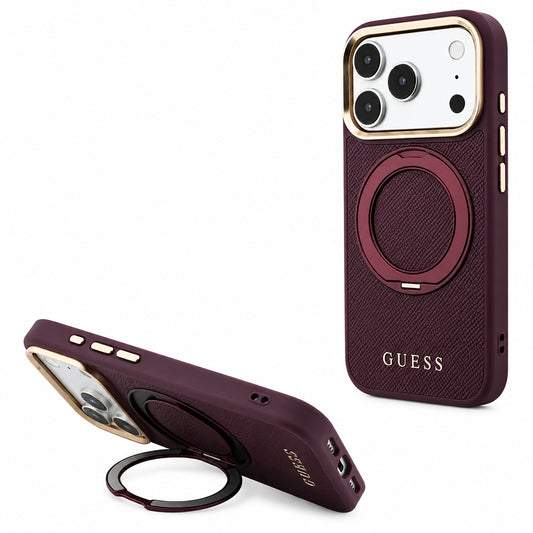 MagSafe-kuori Apple iPhone 18 Pro Max / 17 Pro Max, Guess, Grained Ring Stand 360 Classic, Viininpunainen