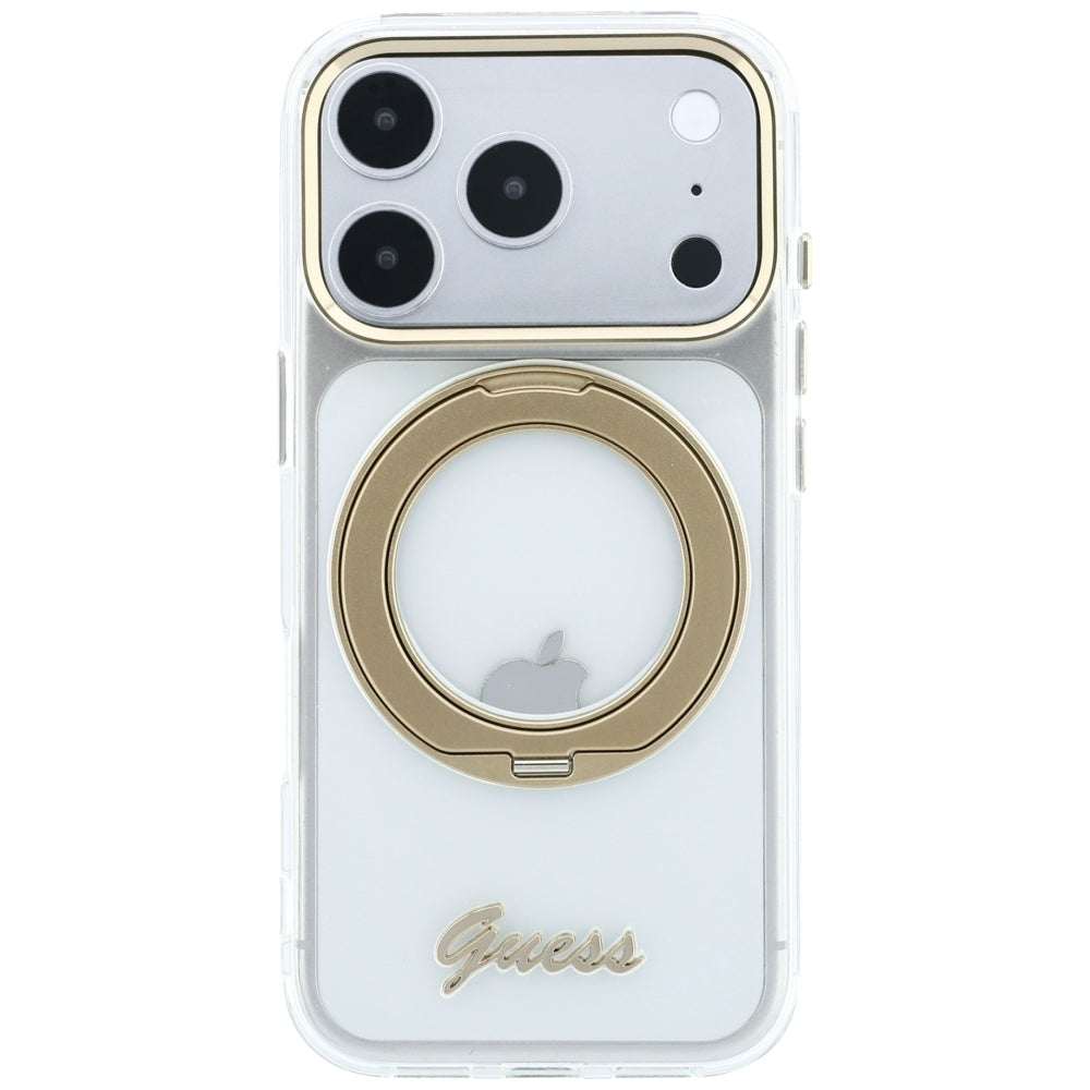MagSafe-kuori Apple iPhone 18 Pro Max / 17 Pro Max, Guess, Ring Stand Script Metallilogo, Läpinäkyvä