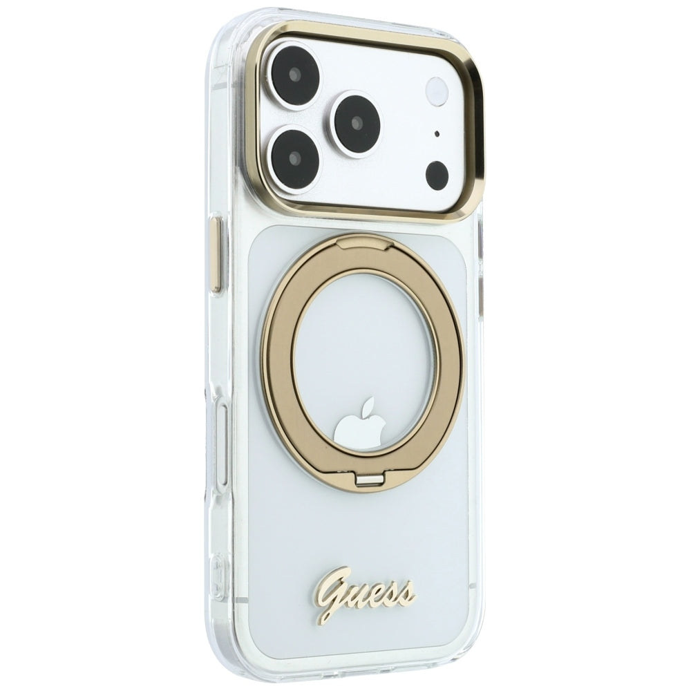 MagSafe-kuori Apple iPhone 18 Pro Max / 17 Pro Max, Guess, Ring Stand Script Metallilogo, Läpinäkyvä