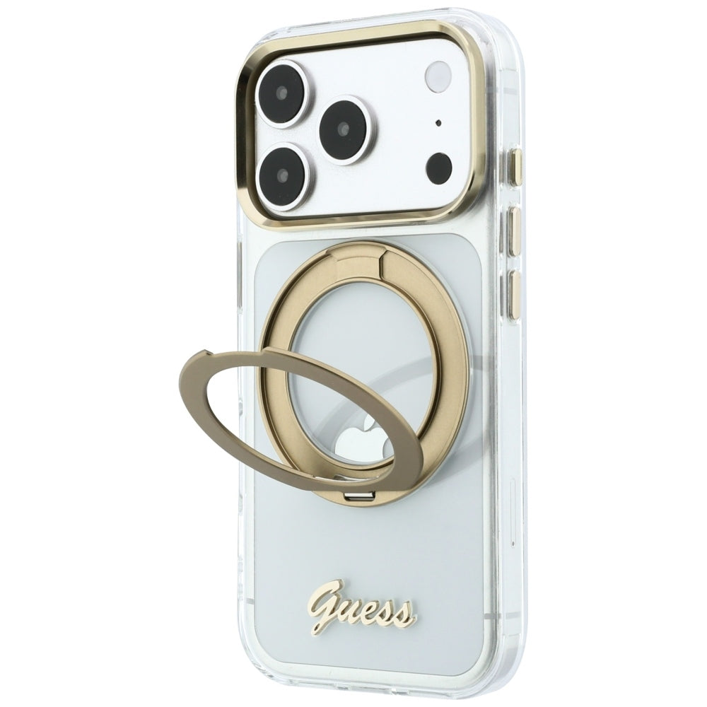 MagSafe-kuori Apple iPhone 18 Pro Max / 17 Pro Max, Guess, Ring Stand Script Metallilogo, Läpinäkyvä