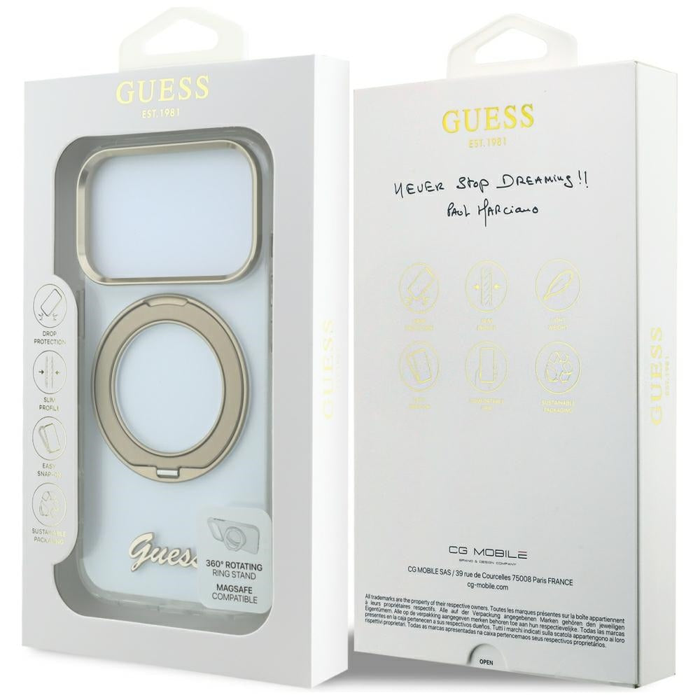 MagSafe-kuori Apple iPhone 18 Pro Max / 17 Pro Max, Guess, Ring Stand Script Metallilogo, Läpinäkyvä