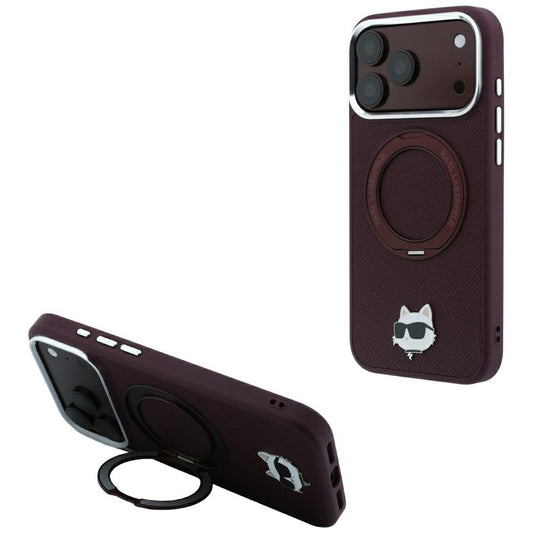 MagSafe-kuori Apple iPhone 18 Pro Max / 17 Pro Max, Karl Lagerfeld, Saffiano Ring Stand 360 Choupette Pin, Viininpunainen