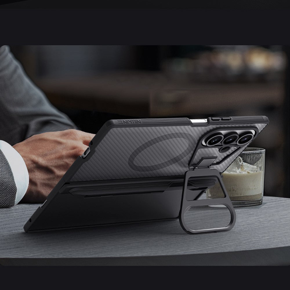 MagSafe-kuori Samsung Galaxy Z Fold7 F966:lle, Nillkin, CamShield-tuki läpinäkyvällä linssinsuojalla ja S-Pen-telineellä, musta läpinäkyvä