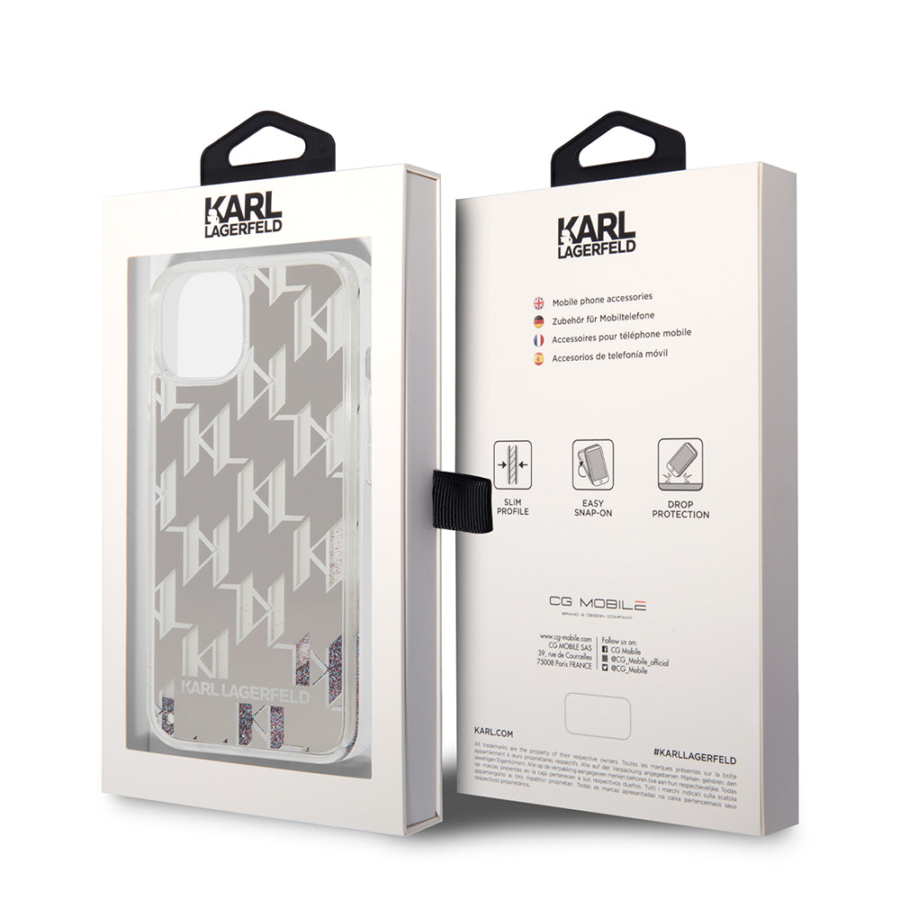 Suojakotelo Apple iPhone 14:lle, Karl Lagerfeld, Liquid Glitter Monogram, Hopea