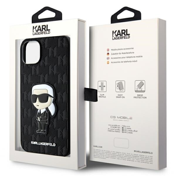 Suojakotelo Apple iPhone 14 Plus:lle, Karl Lagerfeld, Saffiano Monogram Ikonik Karl, Musta