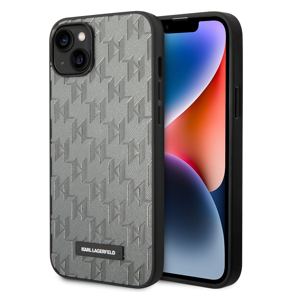 Kotelo Apple iPhone 14 Plus:lle, Karl Lagerfeld, Saffiano Monogram Metal Logo, Harmaa