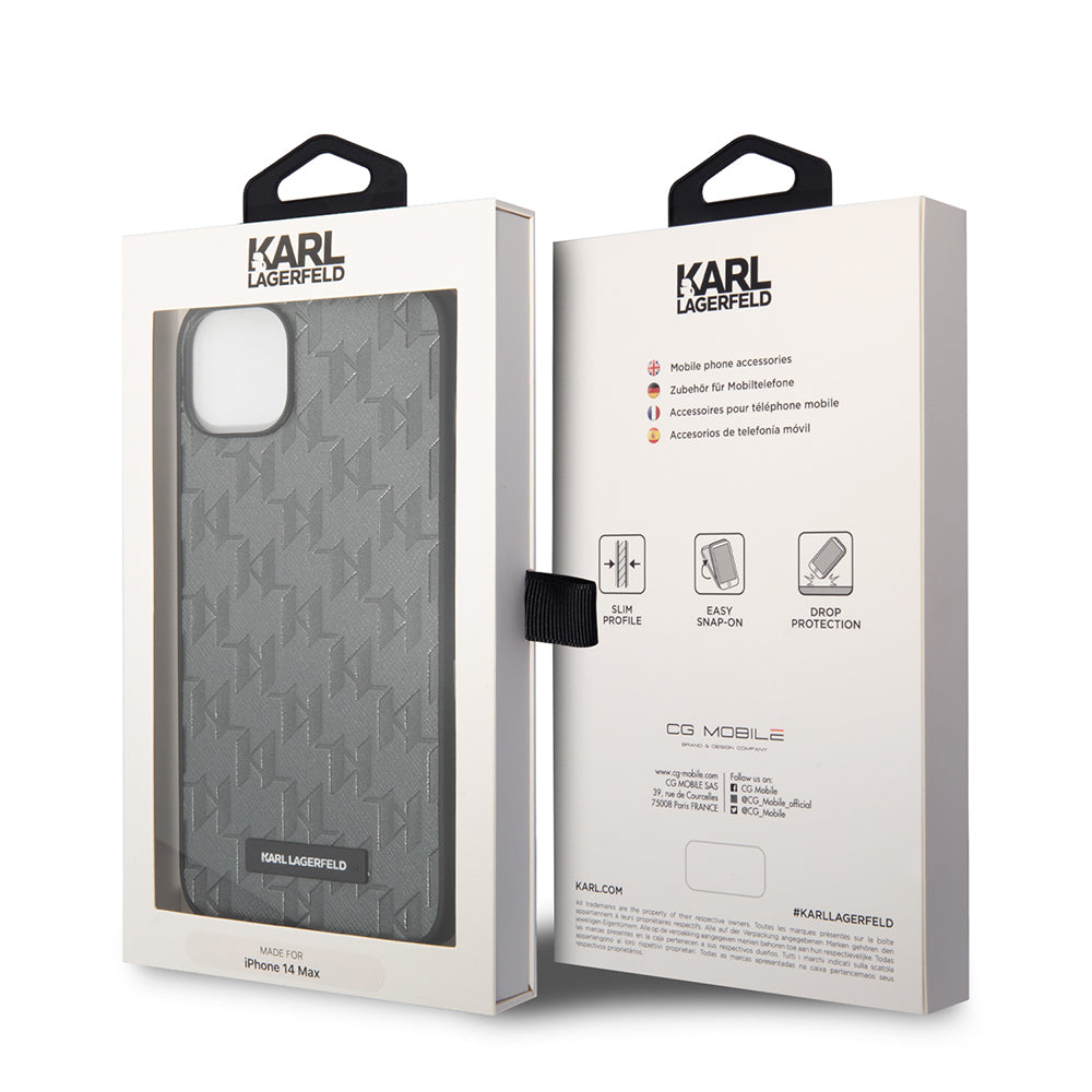 Kotelo Apple iPhone 14 Plus:lle, Karl Lagerfeld, Saffiano Monogram Metal Logo, Harmaa