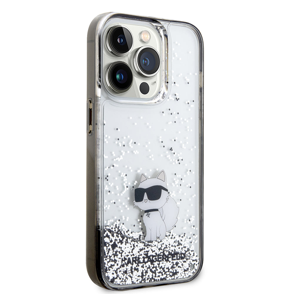 Kotelo Apple iPhone 14 Prolle, Karl Lagerfeld, Liquid Glitter Choupette, Läpinäkyvä