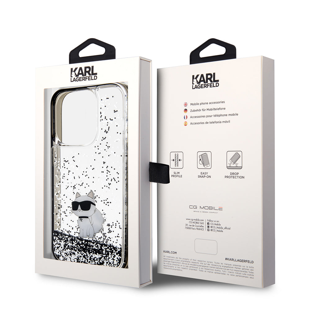 Kotelo Apple iPhone 14 Prolle, Karl Lagerfeld, Liquid Glitter Choupette, Läpinäkyvä