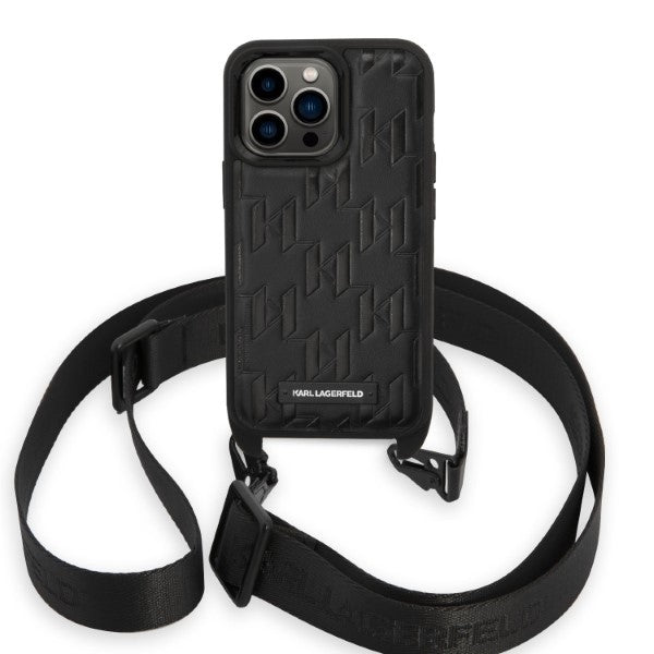 Kotelo Apple iPhone 14 Prolle, Karl Lagerfeld, Monogram Plaque Logo with Strap, Musta