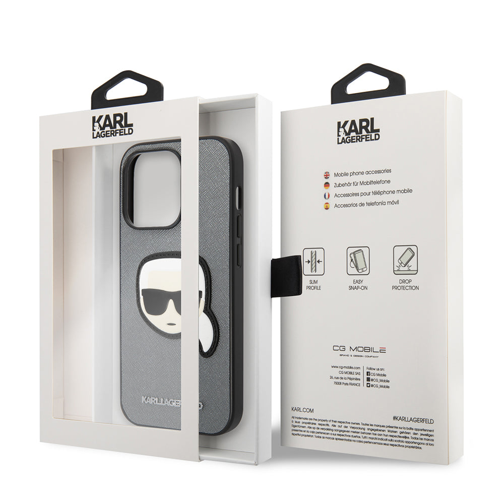 Suojakotelo Apple iPhone 14 Prolle, Karl Lagerfeld, Saffiano Karl's Head, Hopeinen