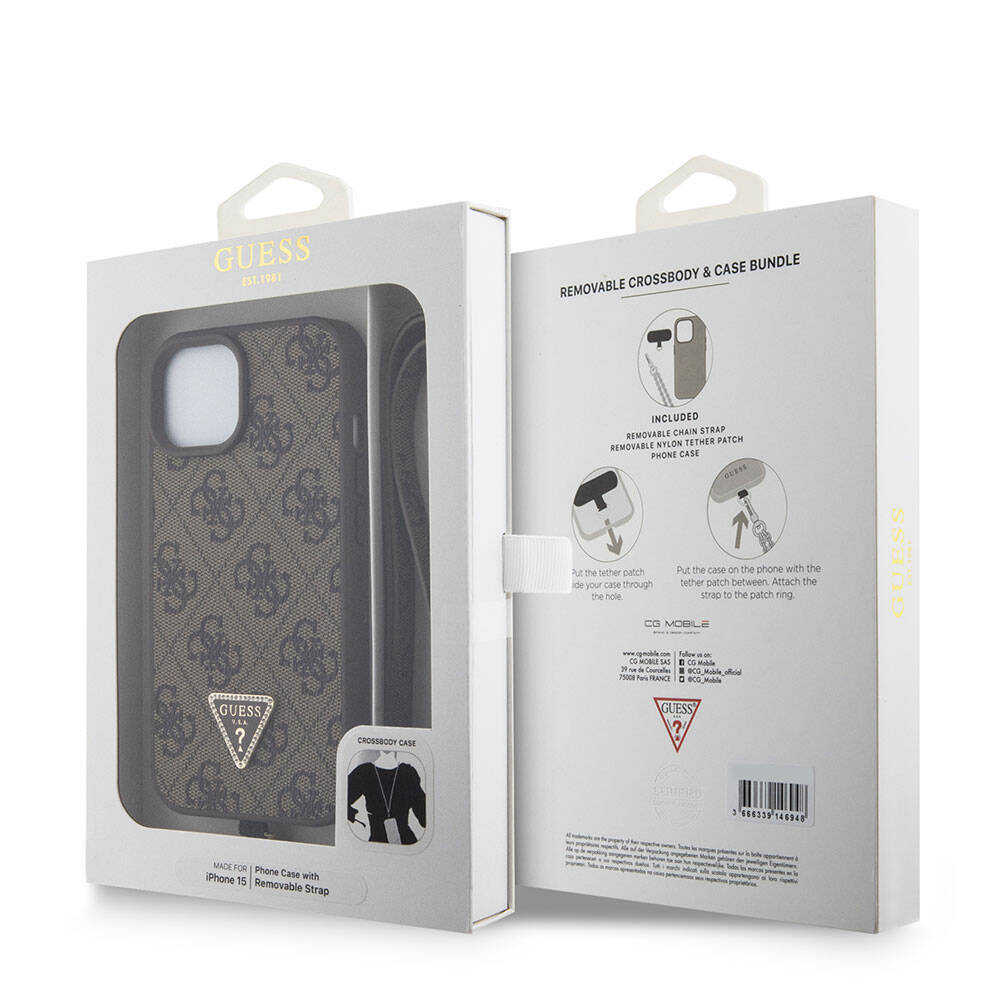 Suojakotelo Apple iPhone 15:lle, Guess, Crossbody 4G Metal Logo, Ruskea