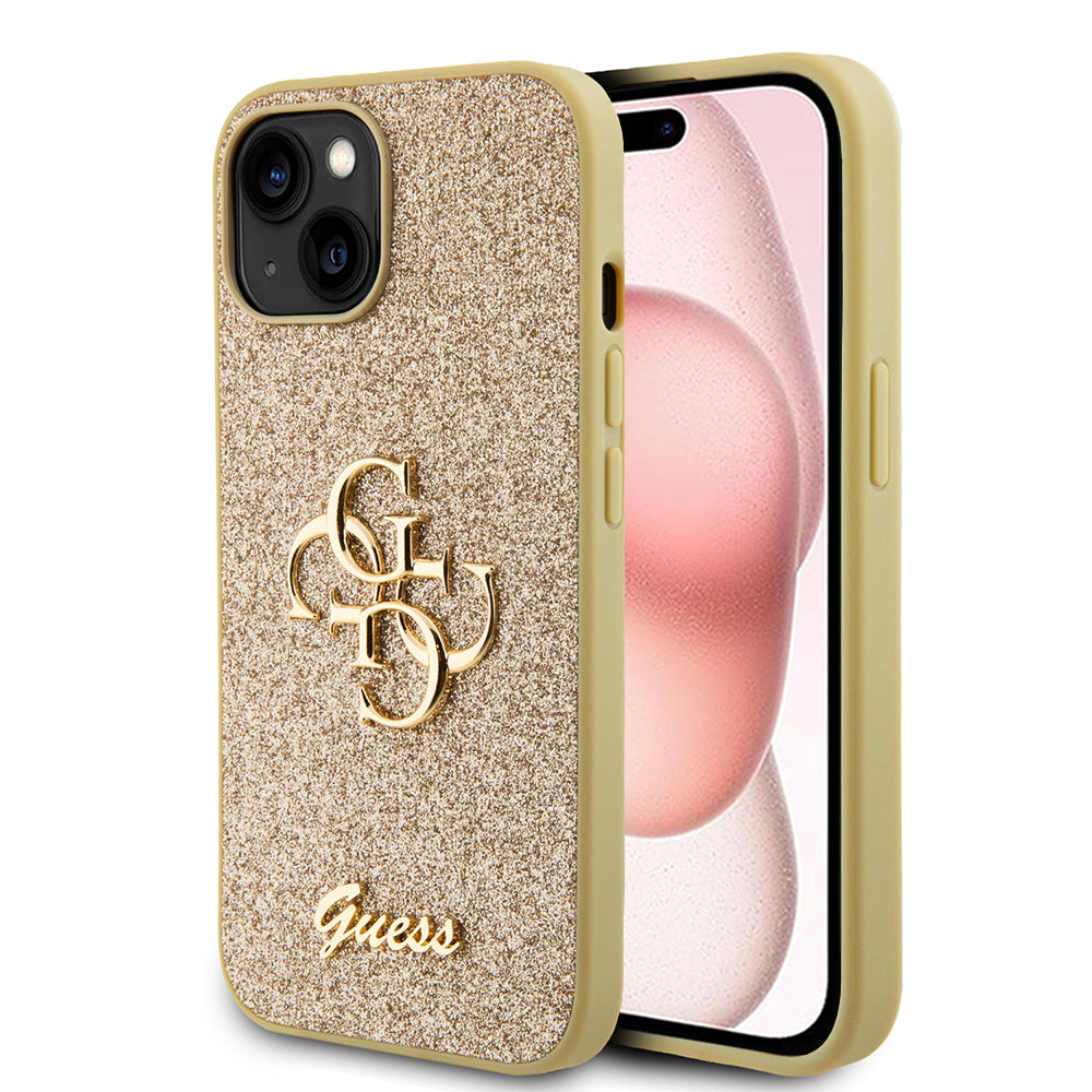 Kotelo Apple iPhone 15:lle, Guess, Glitter Big 4G Script, Kultainen