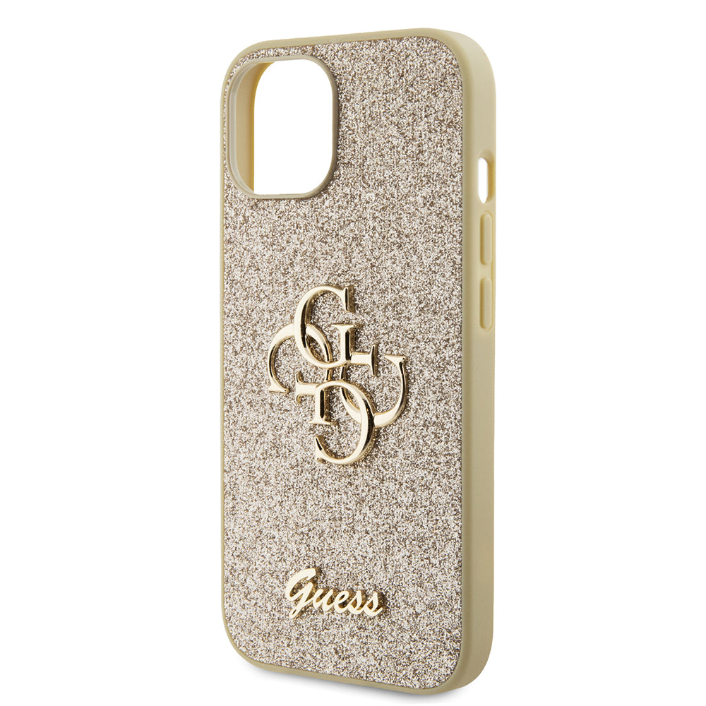 Kotelo Apple iPhone 15:lle, Guess, Glitter Big 4G Script, Kultainen
