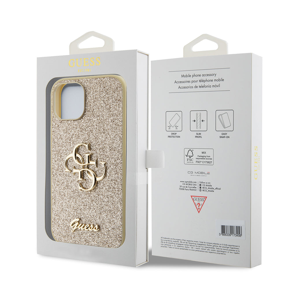 Kotelo Apple iPhone 15:lle, Guess, Glitter Big 4G Script, Kultainen
