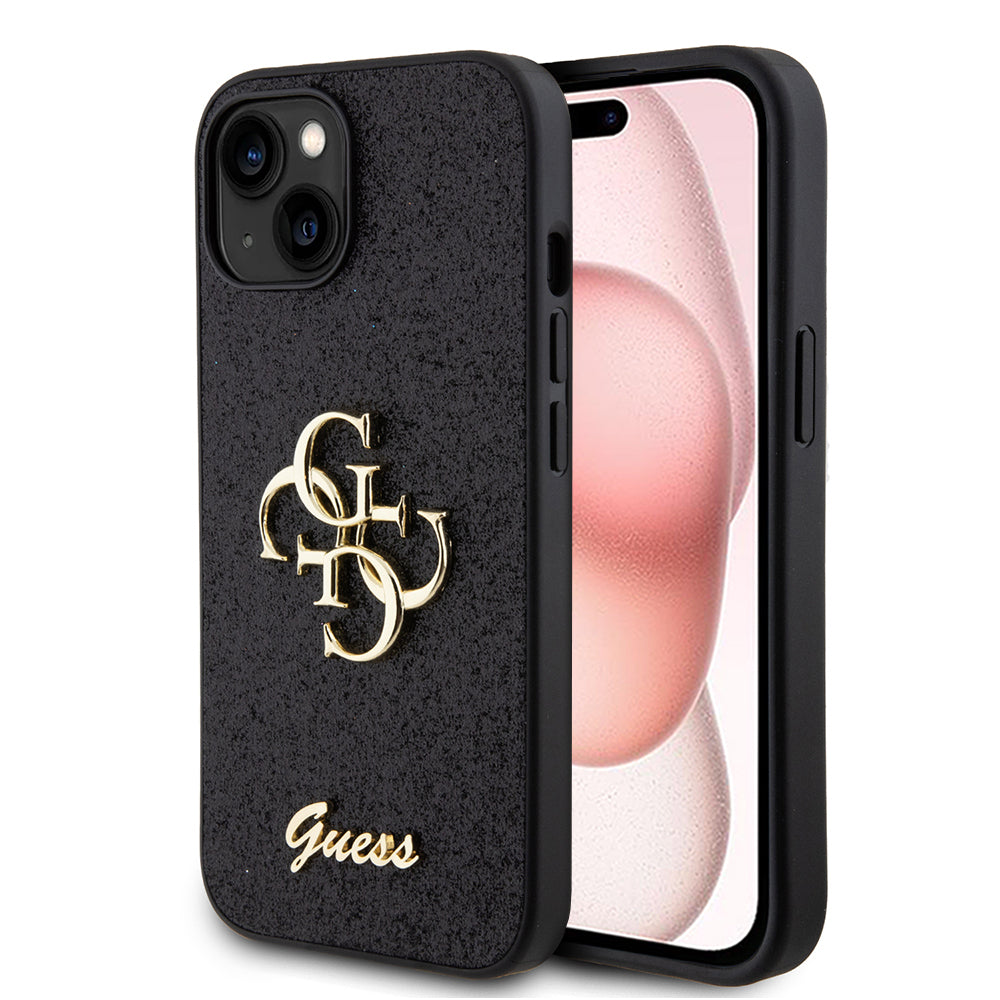 Kotelo Apple iPhone 15:lle, Guess, Glitter Big 4G Script, Musta