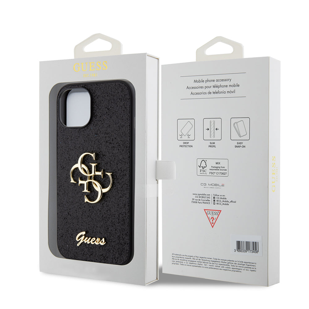 Kotelo Apple iPhone 15:lle, Guess, Glitter Big 4G Script, Musta
