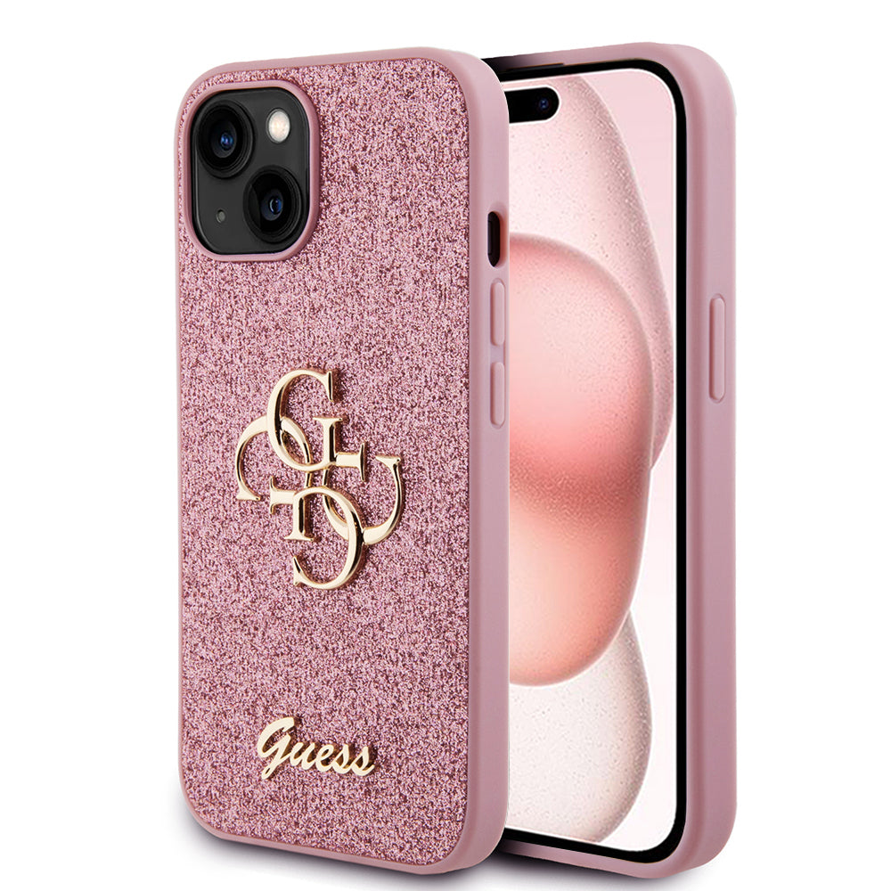 Kotelo Apple iPhone 15:lle, Guess, Glitter Big 4G Script, Pinkki