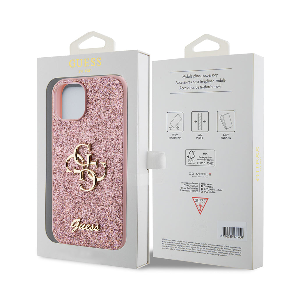 Kotelo Apple iPhone 15:lle, Guess, Glitter Big 4G Script, Pinkki